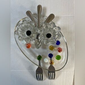 Upcycled, recycled glass Art owl wall hanging. Garden art